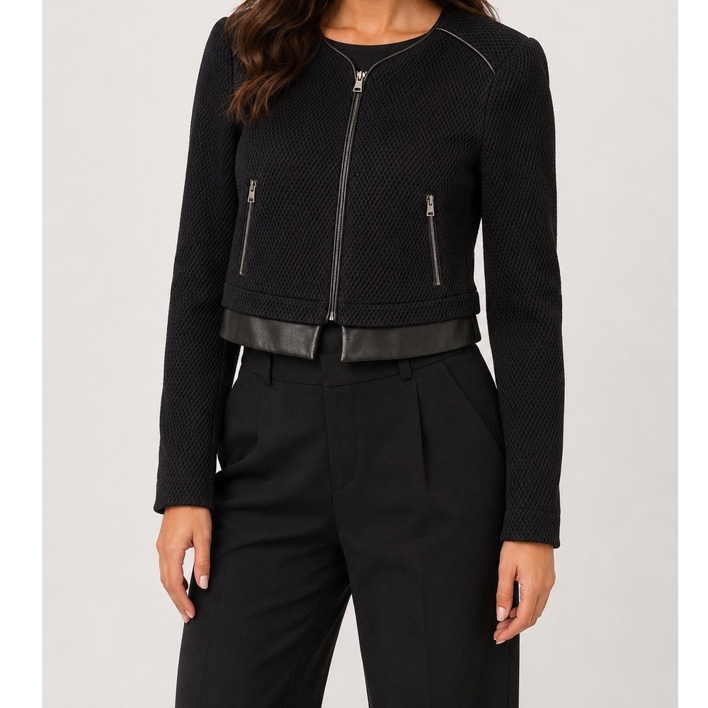BCBGMAXAZRIA Black Honeycomb Mesh Faux Leather Trim Cropped Moto Jacket Large q1